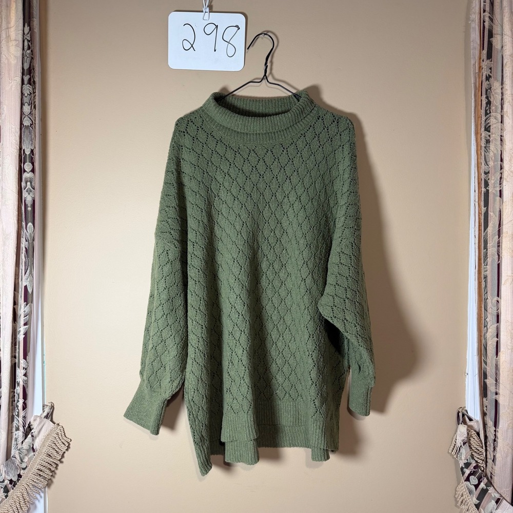 Wonderly Womens 1X Olive Green Pointelle Knit Mock Neck Sweater Pullover